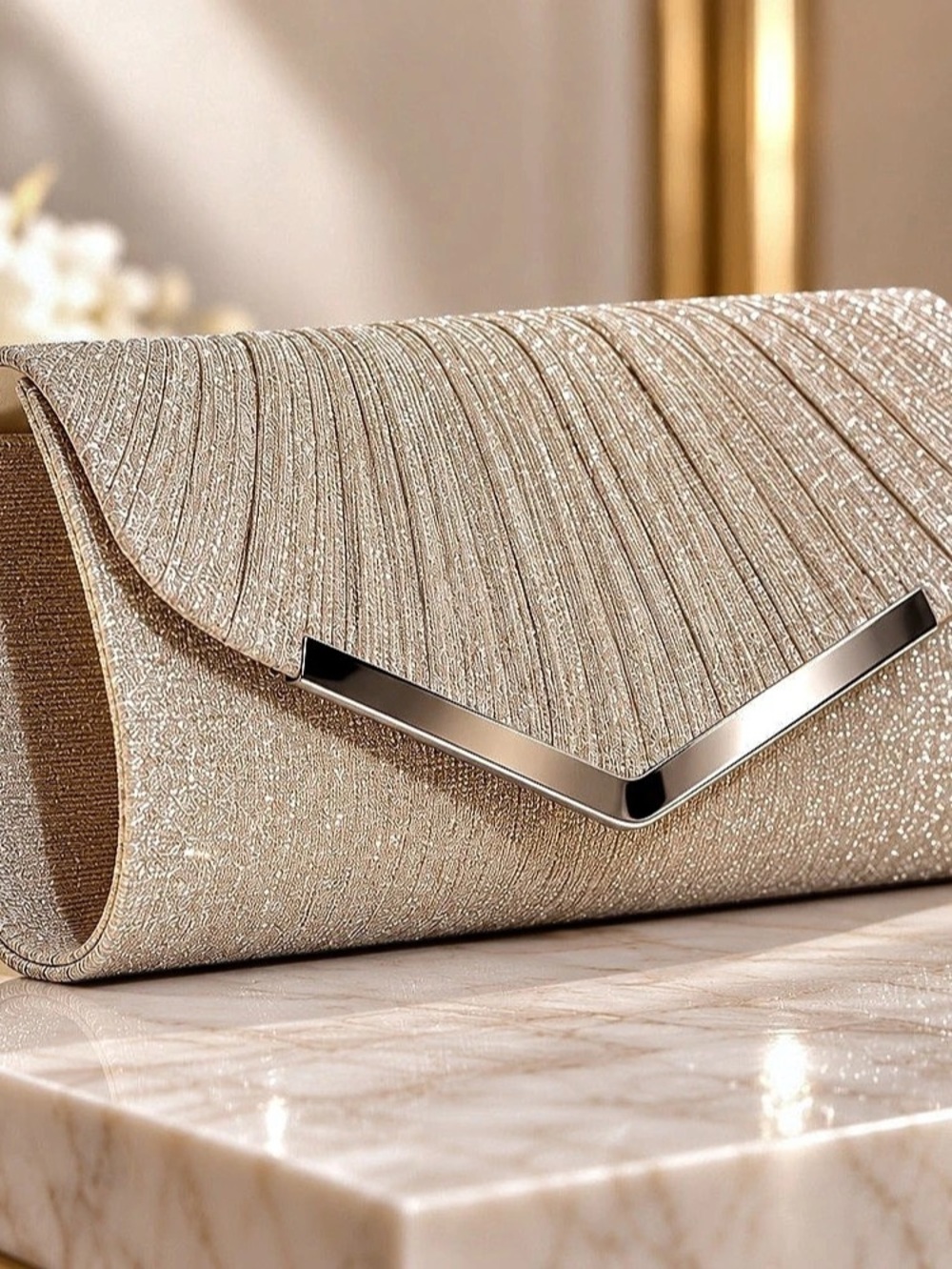 Champagne Glitter Evening Clutch Bag w/ Chain Strap – Elegant Wedding Party Prom